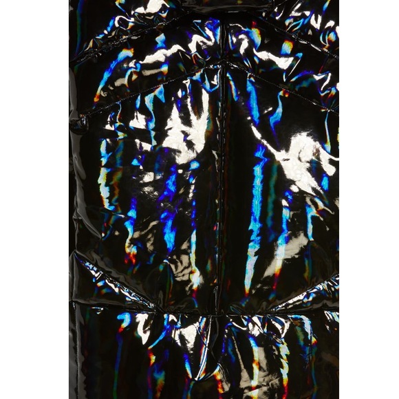 Blanc Noir Black Holographic Hooded Puffer Jacket Removable Faux Fur Hood NWT M - Picture 5 of 6